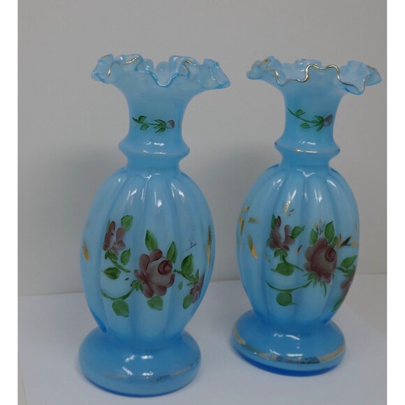 Fenton Melon Hand Painted Floral Blue Glass Vases Gold Trim - Picture 2 of 13